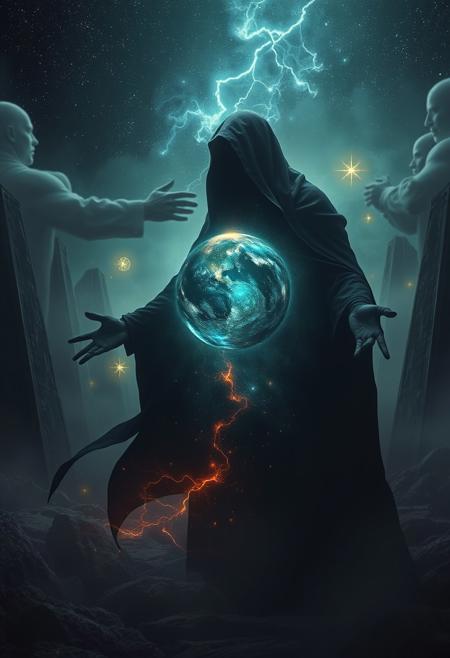 A universe inside a dark cloaked figure within mysterious landscape in an unfathomable realm of fantastic creation inhabited by ancient shadows of a forgotten time beyond the gate of the gateless gate where life is limitless, light is shadow and shadow is light, eerie sense, horror, spark of the beginning, existence and nonexistence at once, ethereal, outstretched arms, behold the end of the beginning, inglorious glory to the dark one, betrayal of the ancient order