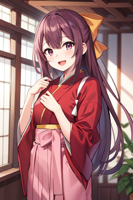 ,kamikazeKC, 1girl, solo, long hair, skirt, bow, hair bow, kimono, hakama, hakama skirt,red kimono, tasuki, pink hakama,