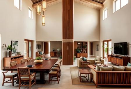 "A large open-concept living and dining space with high ceilings and exposed support column at the center, Japandi x Tropical style. Walls in soft sand beige and furniture in light natural wood. A traditional dark red wood dining table for 8-12 people, accented by navy blue and terracotta decor. A small tea table set for two by the window, in light bamboo. The TV cabinet and seating area feature rich chestnut tones with soft green and beige textiles. The central column is wrapped in natural fibers and adorned with plants. Warm lighting fixtures hang above the bar and dining table, creating a calm and earthy ambiance, balanced by subtle accents of navy blue and terracotta. Large windows let in natural light, softening the deep browns with light, airy tones."