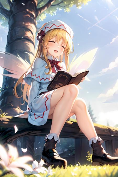 masterpiece, best quality,   <lora:llw:1>,lily white, 1girl, long hair, blonde hair, hat, solo, wings, fairy wings, closed eyes, headwear removed, shoes, hat removed, dress, outdoors, very long hair, socks, white headwear, mary janes, capelet, white dress, white socks, fairy, tree, grass, sitting, white capelet, long sleeves, cherry blossoms, petals, day, blurry, smile, full body, flower, red footwear, bangs, sky, ribbon, bow, transparent wings, wide sleeves, frills, depth of field, red bow, cloud, red ribbon, closed mouth, bobby socks, blurry foreground, blue sky, book, floating hair, open mouth, spring (season)