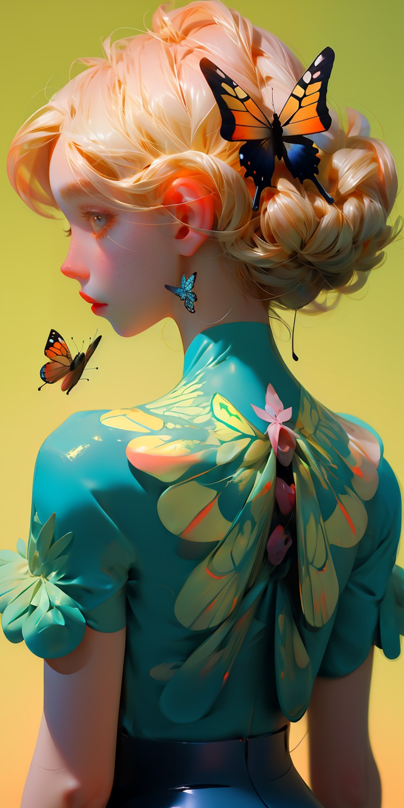 (masterpiece, best quality), 1girl, butterfly, looking back,