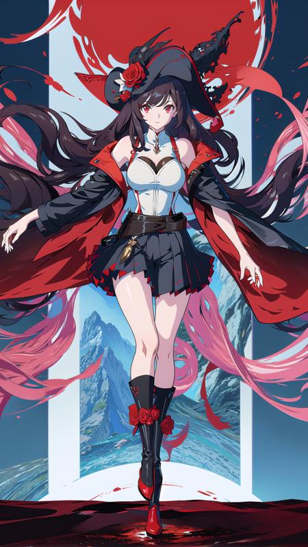 masterpiece, best quality,royalfortune(azur lane), 1girl, red eyes, tentacles, torn clothes, pantyhose, breasts, black hair, red skirt, book, jacket, solo, skirt, black jacket, torn pantyhose, boots, sleeveless, white shirt, shirt, long hair, standing, looking at viewer, hat, large breasts, open clothes, bare shoulders, black pantyhose, full body, black headwear, belt, open jacket, off shoulder, high heels, pirate hat, <lora:RoyalFortune-000007:0.8>  <lora:GoodHands-vanilla:1>, scenery, background,