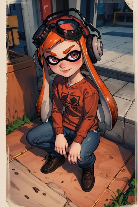 masterpiece, best quality, meggy, inkling, tentacle hair, headphones, goggles on head, (red sweatshirt:1.4), jeans, sitting, city street, squatting, from above, looking at viewer, furrowed brow, smile <lora:meggy-nvwls-v2-000010:0.7>