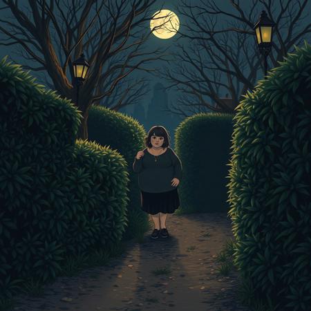 chubby mature woman eerie hedge maze by night  dirt path art style of Ozuma Kaname