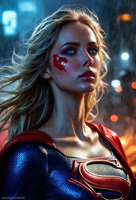High resolution ultra-realistic of Beautiful Supergirl fighting against alien invasion, cinematic style, standing on a bloody and stormy battlefield in a fighting pose, bloody massacre, realistic blue combat costume, red mini skirt, red cape, perfect athletic figure, wavy blonde hair, handsome dirty bloody face, beautiful perfect detailed pupils, wet oily shiny skin, covered in dirty and blood, beautiful firm Breasts, defiant and seductive, attractive 21 year old girl, 8k resolution concept art portrait by Greg Rutkowski, Dark Gotham City, Artgerm, WLOP, Alphonse Mucha, dynamic lighting, hyperdetailed, intricately detailed, Splash art trending on Artstation triadic colors, Unreal Engine, 5 volumetric lighting, Cinematic Lighting, intricate, smooth, sharp focus digital painting, Asymmetrical Balance, realistic blue eyes, ultra detailed atmospheric details, beautiful glowing effects, sparkle effects, realistic body proportions, beautiful face proportions, complex masterpiece, creative glowing detailed tattoos, complex physics, enhanced colors, complimentary colors, ultra detailed raytracing reflections, Ultra detailed complex background, direct eye contact, dramatic lighting