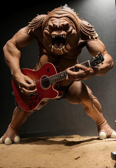 a bipedal giant swrncrmnst creature (playing a guitar:1.1) ,RAW photo, 8k uhd, dslr, soft lighting, high quality, film grain, Fujifilm XT3 <lora:Rancormonsterv2:0.8>