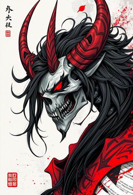 a black and red illustration of a mystical monster with horns and hair, in the style of james jean, anime art, skeletal, fenghua zhong, powerful portraits, detailed costumes, kawacy