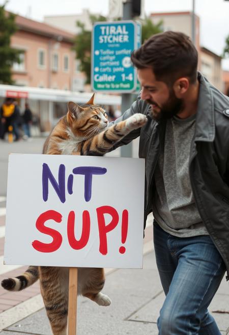 cat punching a man who is holding a sign