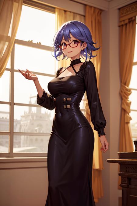 masterpiece, best quality, absurdres, perfect anatomy, 1girl, solo, KazukiHana, short hair, glasses, elegant, long dress, black dress, halterneck, smile, indoors, palace, jewelry, standing, <lora:KazukiHana:1>