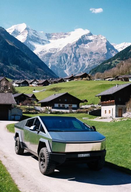 cybertruck gleaming, side front view, lawn, Swiss Alps mountain village in background, sunny spring afternoon, 4K, highly detailed, grainy analog 35mm film photo