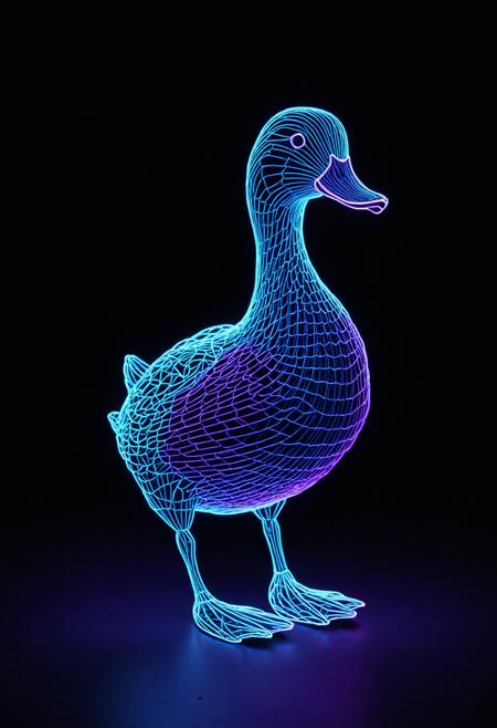 wireframe of a neon duck is walking across a black background with blue and purple lights on it's face and tail, artist, neon lighting, a hologram, holography