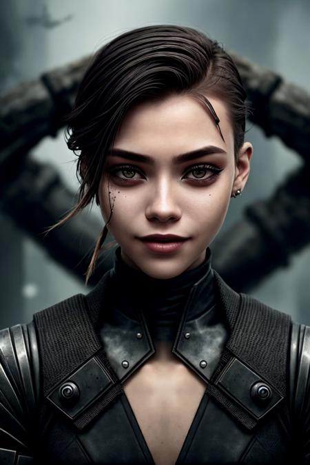 (dystopian depiction, dark, bleak, futuristic, detailed:1.15), <lora:sd15_ShaelahMcGilton_v1-000018:.9> ShaelahMcGilton, focus on eyes, close up on face, huge smile, wearing jewelry, hair styled rooted lob hair,