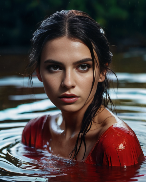 fashion editorial, a portrait of a young beautiful darkhaired woman in blood red water, wet hair and skeen, mystical gaze, highres, realistic photo, professional photography, cinematic angle, dynamic light back shining,