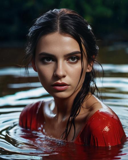 fashion editorial, a portrait of a young beautiful darkhaired woman in blood red water, wet hair and skeen, mystical gaze, highres, realistic photo, professional photography, cinematic angle, dynamic light back shining,