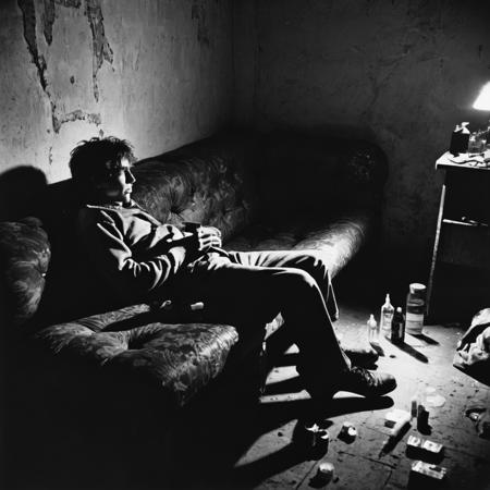 drug addict lying in a (shabby:1.3) sofa, inside a squat, shadows, (syringe:1.3) next to candle light, 1979, hilford hp5+; film grain