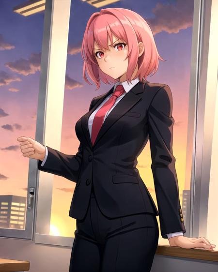 cowboy shot, pink hair, medium hair, red eyes, serious, breasts, black suit, formal suit, red necktie, office, window, sunset, <lora:Erotibot-10:0.5>