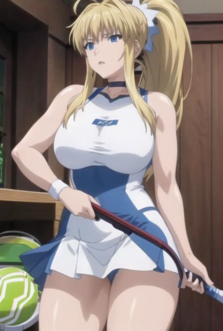 gakuenshimai, large breasts, thick thighs,   shiny skin,  <lora:GakuenShimai:0.85>, ponytail, blonde hair, blue eyes, tennis , tennis uniform, tennis racket,