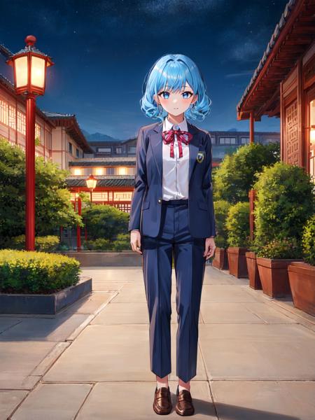 anime,1girl, classical resort hotel midnight, blue hair, very short hair, straight hair, ringlets hair, bangs, chinese student training wear ribbon loafers,