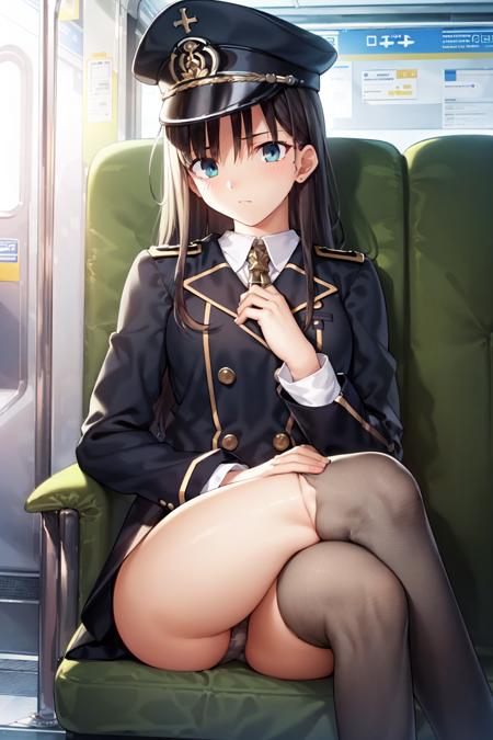 ((masterpiece)), (((best quality))), ((ultra-detailed)), (illustration), (detailed light), ((an extremely delicate and beautiful)), (beautiful detailed eyes), 1girl, military clothes, crossed legs, peaked cap, subway, panties, metro, train, legwear
 <lora:FateVN:1>