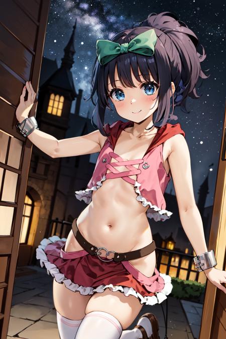 beautiful, masterpiece, best quality, extremely detailed face, perfect lighting,
kunihiro, smile, blush, 
1girl, solo, blue eyes, black hair, ponytail, short hair, green hair bow, 
red hood, pink vest, flat chest,  star \(symbol\), handcuffs, 
navel, brown belt, red skirt, miniskirt,  single thighhigh, white legwear, 
brown footwear, loafers, 
night, 
<lora:kunihiro-000005:1>