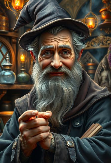 A spellbinding sorcerer, his features adorned with wisdom and intrigue, stands in his enchanting workshop. A satisfied smile plays across his weathered face, hinting at secrets known only to him. This detailed image, reminiscent of a masterful painting, captures the essence of magic and mystery, drawing viewers into a world of endless possibilities and enchantment. Rich colours and intricate details bring this scene to life, evoking a sense of wonder and fascination.