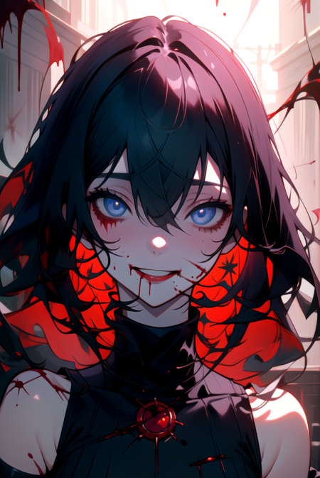 Vanessa_Colgurin, yandere, crazy eyes, crazy, crazy smile, masterpiece, 1girl, solo, solo focus, blood on face, blood, blood on clothes, nosebleed, psychopath, horror \(theme\), black hair, sleeveless, black sleeveless turtleneck,<lora:Vanessa_Colgurin-07:0.7>