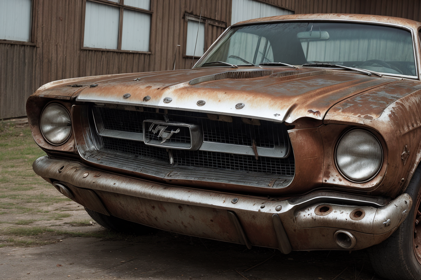 (((rusty, brushed metal, beaten up, weathered, decayed))) 1965 ford mustang