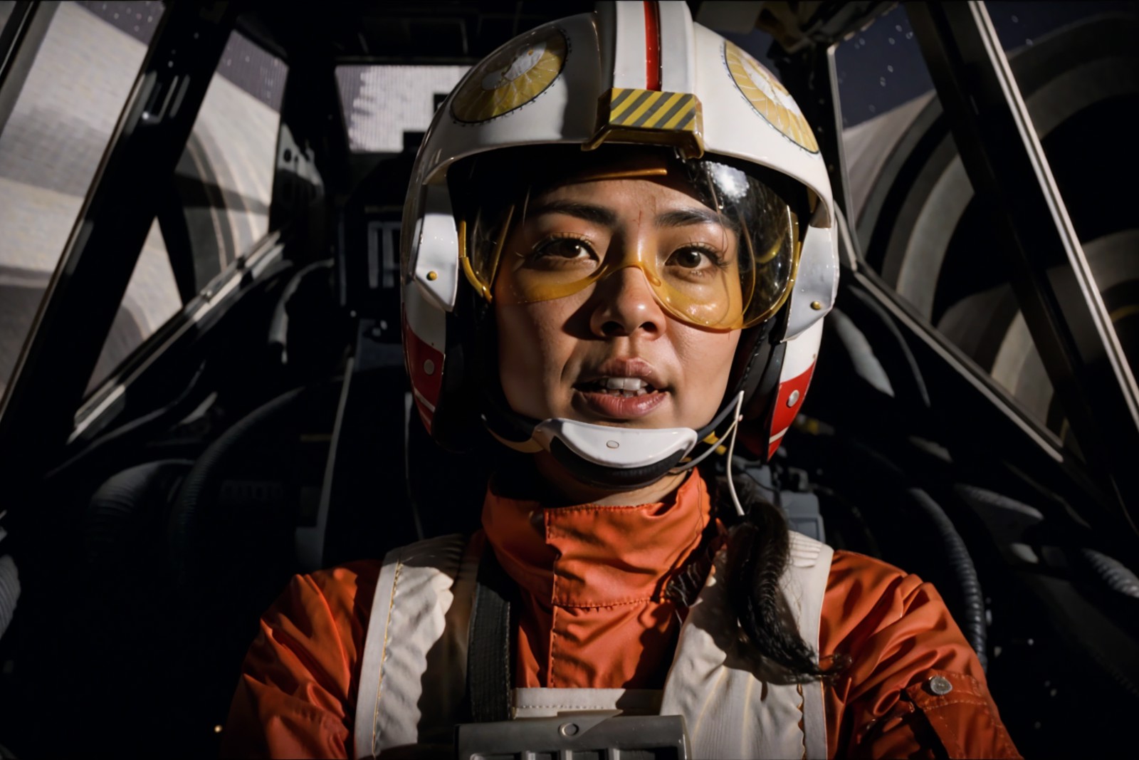 cockpit view,asian woman in rebel pilot suit,long hair,helmet,googles<lora:RPSV3:0.8>