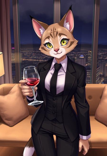 score_9, score_8_up, score_7_up, highres, high quality, perfection, masterpiece, Expressiveh, #
###
1girl, solo, front view, cowboy shot, #
###
detailed body, detailed fur, detailed face, detailed eyes, perfect eyes, #
###
furry female, anthro tabby_cat girl, adult girl, beautiful girl, cute girl, shapely girl, slim girl, petite girl, (bald_girl: 1.2), (baldness: 2.0), beautiful face, eyelashes, yellow eyes, whiskers, large breasts, long tail, #
business suit, black suit, suit jacket, white shirt, black tie, #
standing, grin, holding wine glass, looking at viewer, #
###
indoors, luxury room, penthouse, sofa, coffee table, big window, night, city, city_lights,