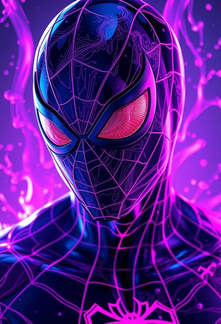 Liquid Neon' style of Spider-Man, where neon lights flow like liquid, creating vibrant patterns of Purple and pink, head and shoulders portrait, 8k resolution concept art portrait by Greg Rutkowski, Artgerm, WLOP, Alphonse Mucha dynamic lighting hyperdetailed intricately detailed Splash art trending on Artstation triadic colors Unreal Engine 5 volumetric lighting، Glossy, wet, ultra realistic