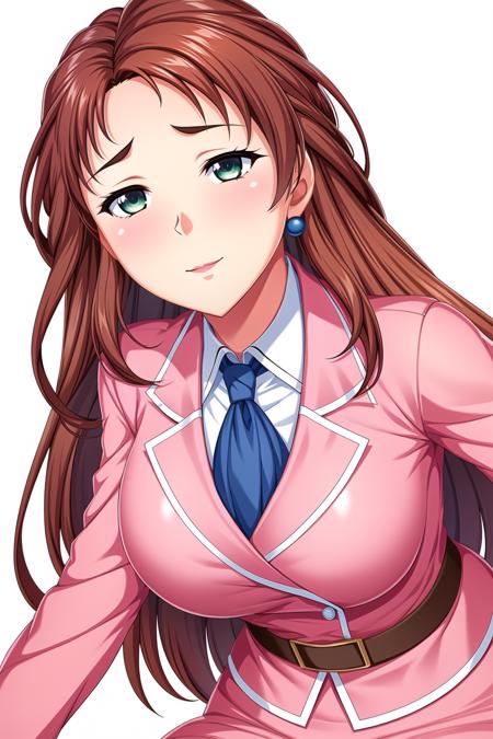 Simple White Background,
pink pencil skirt, pink jacket,collared shirt, white shirt, blue necktie,belt,
<lora:Takashima_Kumi_HIsaku-KK77-V2:0.7>,jewelry,earrings, 
bangs,long hair,brown hair,green eyes,
<lora:Mariana_Luciano_NON_VIRGIN-KK77-V1:0.2>,<lora:more_details:0.2>,
1 girl, 20yo,Young female,Beautiful Finger,Beautiful long legs,Beautiful body,Beautiful Nose,Beautiful character design, perfect eyes, perfect face,expressive eyes,perfect balance,
looking at viewer,(Focus on her face),closed mouth, (innocent_big_eyes:1.0),Light_Smile,
official art,extremely detailed CG unity 8k wallpaper, perfect lighting,Colorful, Bright_Front_face_Lighting,shiny skin, 
(masterpiece:1.0),(best_quality:1.0), ultra high res,4K,ultra-detailed,
photography, 8K, HDR, highres, absurdres:1.2, Kodak portra 400, film grain, blurry background, bokeh:1.2, lens flare, (vibrant_color:1.2),professional photograph, 
(Beautiful,large_Breasts:1.4), (beautiful_face:1.5),(narrow_waist),