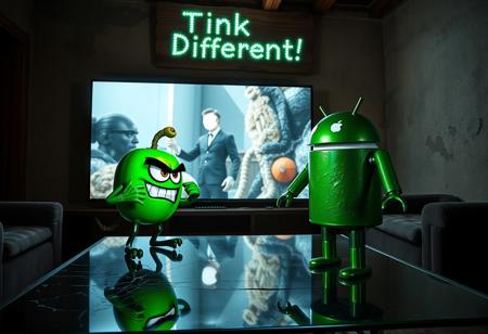 "In a dimly lit, decaying Italian apartment, a cartoonish green apple with exaggerated, glaring eyes and twisted limbs faces off against the iconic Android logo robot. The apple, perched on a cracked glass coffee table, sports a menacing grin and clenched, vine-like fists. Opposite it, the Android robot, its green metallic surface tarnished and scratched, stands in a defensive stance with malfunctioning, twitching antennae and a glare from its flickering eyes.
The massive OLED TV on the wall displays a vivid Apple computer commercial, casting a cold, flickering light that illuminates the tense standoff. Shadows from the TV’s bright visuals stretch and distort across the room, adding a dramatic effect to the confrontation.
Above the TV, a warped cardboard sign reading 'Think Different!' , its flickering LEDs casting eerie, shifting shadows on the peeling stucco walls. The room, once elegant with exposed brick and wooden beams, now feels oppressive and claustrophobic, filled with the scent of mildew. The green apple’s glossy skin and the Android’s rusty body gleam under the unsettling light, emphasizing their contrasting forms and the bizarre, hostile encounter in this decrepit, tech-infused setting."