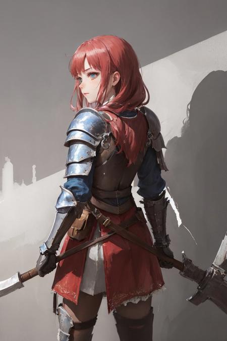 best quality,masterpiece,highly detailed,ultra-detailed,1girl,  <lora:AXE:0.3:Chr> 
(Cuirass),An armor made of plate armor covering the chest and back
holding weapon, holding axe,battle axe
holding long grip of axe, 
 fighting stance,