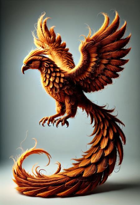 Ultrarealistic. sharp focus, dynamic lighting. play of light, reflection, refraction, Raytracing, Ultra detailed. A brown phoenix made of pamcocomat.