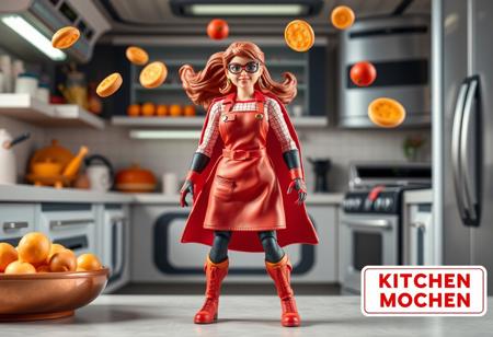 "Super Kitchen Mom" â A culinary superhero armed with a high-tech apron that stores gadgets for any kitchen emergency. She wields a super-powered spatula that can flip anything, from pancakes to villains, and her oven mitts can withstand any heat. The action figure comes packaged with a ral-afpacking label at the bottom-right corner. The background shows a fully equipped futuristic kitchen, with food flying through the air in a perfect whirlwind of multitasking.