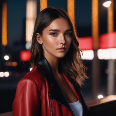 rachel_cook, <lora:RCookXL:1>,woman, ((portrait, red shirt , black jacket, black pants)), city at night, ((detailed skin texture,dark night, midnight, full moon, starry sky)), ((sharp face, detailed face, realistic face, naturtal skin, realistic skin, detailed skin, pores, detailed eyes,realistic eyes)),, (masterpiece, best quality, ultra-detailed, best shadow), high contrast, (best illumination), ((cinematic light)), colorful, hyper detail, dramatic light, intricate details, (1 girl, solo) , ultra detailed artistic photography, dreamy, backlit, shadows, ultra high definition, 8k, ultra sharp focus, ultra high quality model, soft lighting, film photography, analogue photography, hyperrealism,