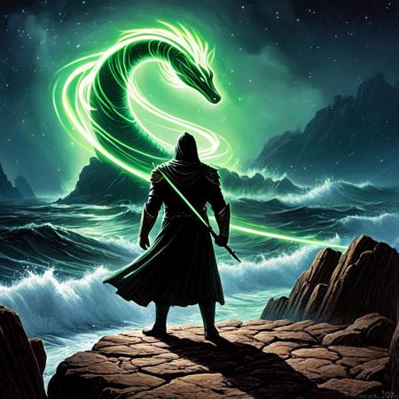 a colossal sea creature, the Celestial Leviathan, rising from the depths of an iridescent ocean.
The creature has a gaping maw with sharp teeth,Glowing cyan tendrils or bioluminescent streaks along its body. The background suggests a misty, otherworldly space scene
long body resembling a an eel, body covered in bioluminescent markings that glow with an otherworldly light,bioluminescent, 
has dark deep blue scales,snake scales,his belly is black color, dark green fins,eyes glow neon light green color, has one eye each side of his head, his long snake-like body is coiling ,  dorsal fins along the top of its back
BREAK
 In the foreground, a lone warrior stands on a rocky cliff, wielding a glowing spear infused with ancient magic. The warrior’s armor is adorned with celestial motifs, and their expression is one of determination. The waves crash dramatically against the rocks, illuminating the scene.
BREAK
 (masterpiece), best quality, intricate detail, cinematic lighting, amazing quality, amazing shading, soft lighting, gloomy colors, dark aura, horror,pitch black background,
<lora:night vision style:1>