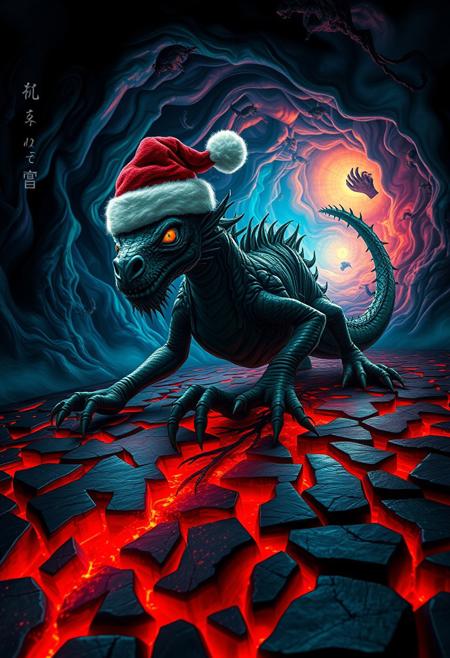 A  dark green dragon with sharp, sinewy limbs  wearing a Santa Claus hat and clawed hands crawling across a glowing, fractured red and black ground, its body made of intricate, web-like tendrils resembling tangled roots; the dragon's shadowy face features a glowing, singular circular eye that pulses faintly with light, surrounded by flowing dark masses resembling smoke or hair. The background swirls with chaotic fractal patterns in deep blues, purples, and fiery reds, resembling a warped, nightmarish tunnel. The scene is lit with harsh, neon-like lighting, casting sharp contrasts and reflections on the creature’s body and the jagged surface beneath, with an otherworldly glow emanating from the tunnel's fiery center. High contrast, sharp details, and eerie, swirling textures dominate the surreal composition.