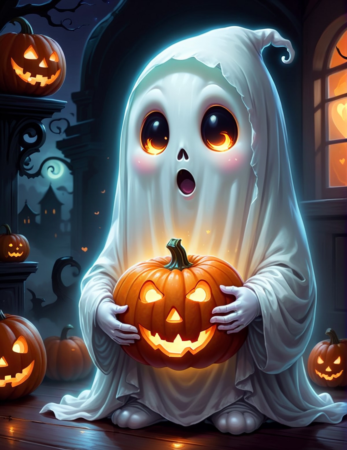 digital art of an adorable ghost, glowing within, holding a heart shaped pumpkin, Halloween, high quality, masterpiece, 8k...