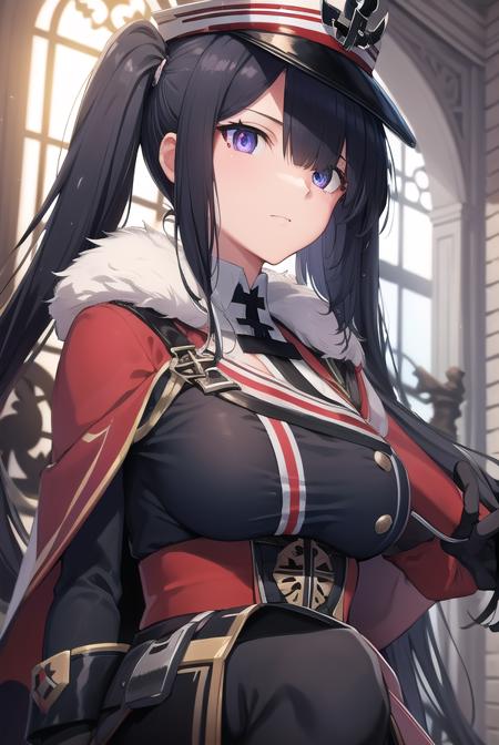 peterstrasser, <lyco:peterstrasser-lyco-nochekaiser:1>,
peter strasser, black hair, hair over one eye, long hair, one eye covered, (purple eyes:1.1), twintails,
BREAK armored boots, black coat, black footwear, black ribbon, boots, buttons, cape, coat, fur trim, fur-trimmed cape, gloves, hat, high heels, military hat, peaked cap, red cape, ribbon, stiletto heels, white gloves, white headwear,,
BREAK looking at viewer,
BREAK indoors,
BREAK <lyco:GoodHands-beta2:1>, (masterpiece:1.2), best quality, high resolution, unity 8k wallpaper, (illustration:0.8), (beautiful detailed eyes:1.6), extremely detailed face, perfect lighting, extremely detailed CG, (perfect hands, perfect anatomy),