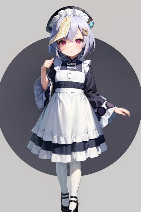 masterpiece, best quality,<lora:qiqi:1>,1girl, qiqi (genshin impact), solo, purple hair, alternate costume, ofuda, hair ornament, apron, maid, full body, purple eyes, simple background, jiangshi, long sleeves, coin hair ornament, ghost, maid headdress, shoes, maid apron, enmaided, bangs, pantyhose, standing, black footwear, mary janes, dress, sidelocks, hair between eyes, looking at viewer, white apron, pocket, wide sleeves, qing guanmao, short hair, grey background, white background, black dress, white pantyhose, braid, frills, long hair, necktie, closed mouth