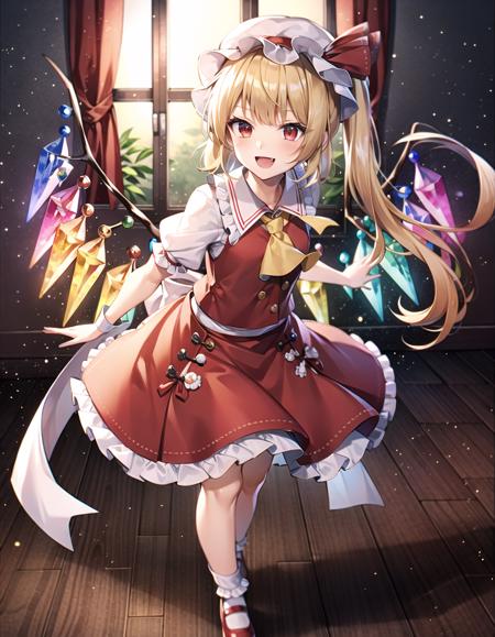 best quality, ultra high res, 1girl, solo, flandre scarlet, <lora:flandre_scarlet:1>, white soft hat, red hat bow, blonde hair, side ponytail, red eyes, shiny eyes, fang, red vest, short sleeves, puffy sleeves, yellow ascot, red frilled skirt, (crystal wings:1.2), bobby socks, mary janes, red shoes, laughing, ((evil smile)), looking at viewer, (facing front:1.5), full body,