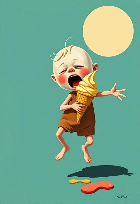A small, bouncy character with a big head and tiny limbs, reacting dramatically to a completely mundane event, like dropping an ice cream cone., vintage travel poster realism infused with bold textile-inspired abstraction, soft painterly textures blending with geometric rhythmic patterns, bright and playful color contrasts, classic Art Deco composition with dynamic organic shapes, nostalgic yet modern fusion of structured elegance and vibrant spontaneity