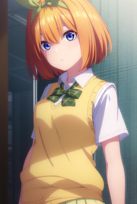 yotsubanakano, <lora:yotsubanakanospecial-lora-nochekaiser:1>, 
yotsuba nakano, bangs, short hair, blue eyes, hair between eyes, hair ribbon, hairband, orange hair, (green ribbon:1.5),
BREAK skirt, shirt, bow, ribbon, school uniform, white shirt, short sleeves, pleated skirt, shoes, socks, collared shirt, miniskirt, bowtie, black footwear, kneehighs, green skirt, black socks, loafers, green bow, sweater vest, green ribbon, (yellow sweater vest:1.5),
BREAK indoors, classroom,
BREAK looking at viewer, (cowboy shot:1.5),
BREAK <lyco:GoodHands-beta2:1>, (masterpiece:1.2), best quality, high resolution, unity 8k wallpaper, (illustration:0.8), (beautiful detailed eyes:1.6), extremely detailed face, perfect lighting, extremely detailed CG, (perfect hands, perfect anatomy),