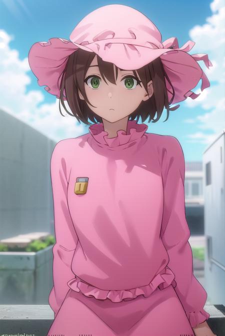 rin azuma, short hair, brown hair, (green eyes:1.3), hat, frills, dress, pink dress, pink hat, long sleeves, puffy sleeves, skirt, pink skirt,