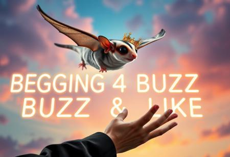 “A highly elegant sugar glider soaring happily through the air towards its owner. The scene is surreal, with a dreamy, colorful sky in the background. The sugar glider has an exaggerated, almost regal posture, with a tiny golden crown on its head. The owner, looking surprised, is reaching out with open hands. A massive, neon-style text in the background reads ‘BEGGING 4 BUZZ & LIKE ^_^’, glowing dramatically. The entire composition has a playful, chaotic energy, blending elegance with internet meme culture.”