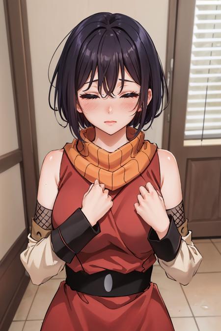 masterpiece, best quality, <lora:souka-nvwls-v1-000009:0.9>  souka, orange scarf, red dress, sash, vambraces, fishnet shorts, looking at viewer, large breasts, fists, closed eyes, blushing, upper body, indoors, hands up, from above