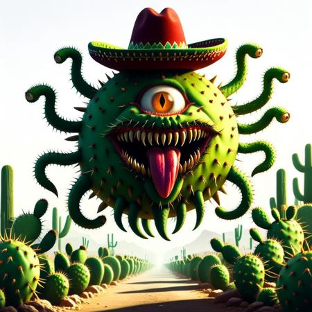 prickly, style <lora:prickly_pear_style_v2:1> prickly, pear, style,  <lora:Magic_Creatures_Beholders_V2_SDXL1.0:1> tentacles, beholders, bhv2, monster, teeth, fangs, eyes on tentacle tip, extra eyes, sharp teeth, open mouth, one-eyed, a beholder made of pricky pear wearing a Mexican hat in a Mexican desert town,  he has a moustache