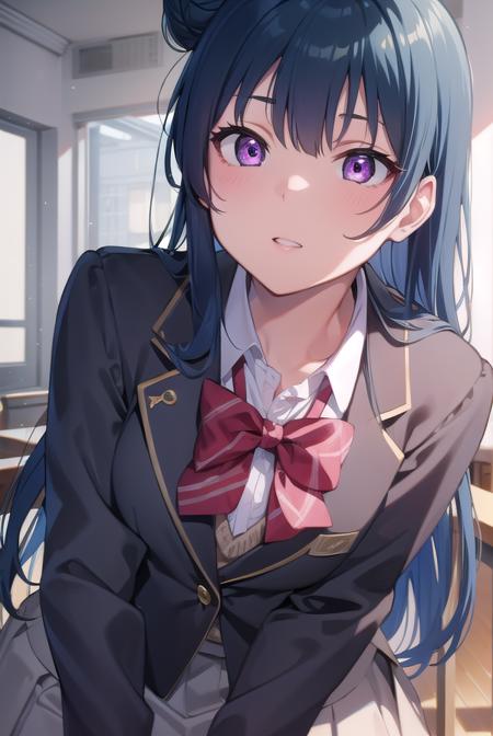 yoshikotsushima, <lyco:yoshikotsushima-lyco-nochekaiser:1>, 
yoshiko tsushima, blue hair, hair bun, (purple eyes:1.1), single side bun, bangs, long hair, (small breast:1.2),
BREAK bow, bowtie, buttons, grey skirt, long sleeves, pleated skirt, school uniform, serafuku, skirt, uranohoshi school uniform, yellow bow, yellow bowtie, sleeveless,
BREAK looking at viewer, 
BREAK indoors, classroom,
BREAK <lyco:GoodHands-beta2:1>, (masterpiece:1.2), best quality, high resolution, unity 8k wallpaper, (illustration:0.8), (beautiful detailed eyes:1.6), extremely detailed face, perfect lighting, extremely detailed CG, (perfect hands, perfect anatomy),