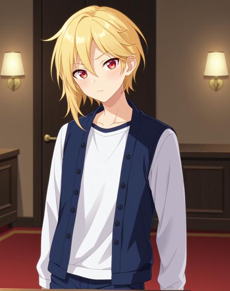 nito_nazuna_pony, blonde hair, red eyes, medium hair, hair between eyes,